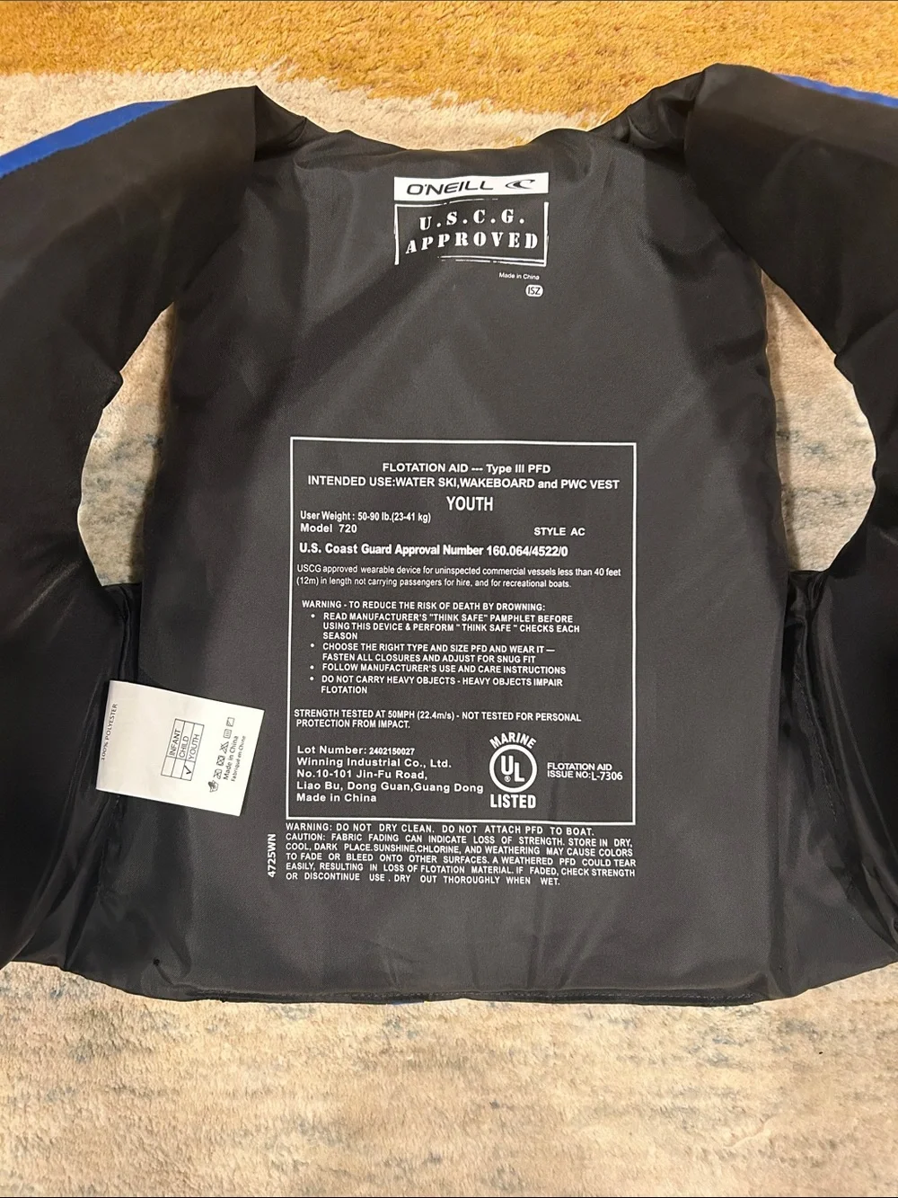 Youth O'Neill Blue, Gray & Yellow USCG Life Jacket